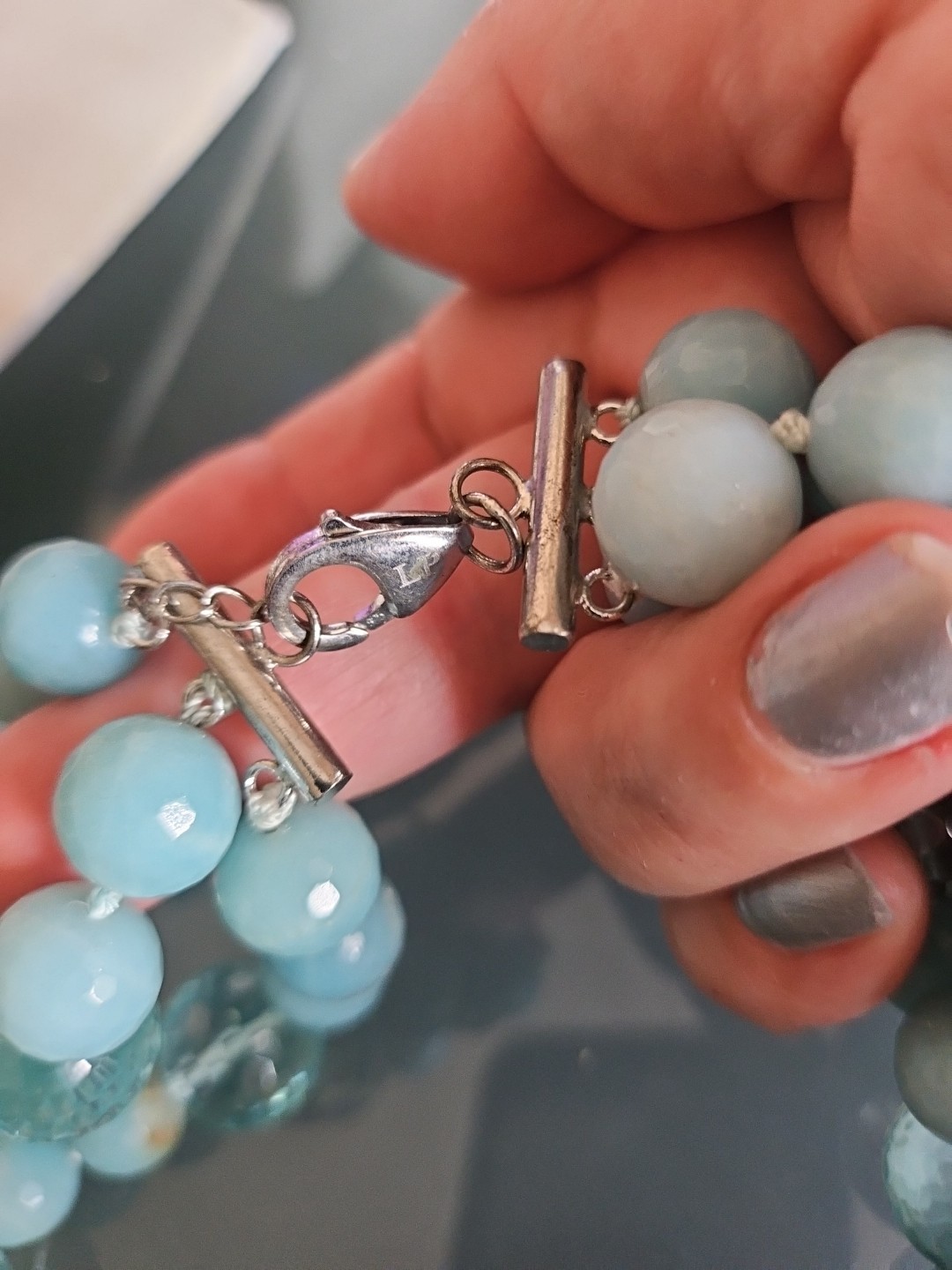 LP Genuine Stones Amazonite Bids & Blue Topaz 3 Strands Silver 925 Necklace 22″