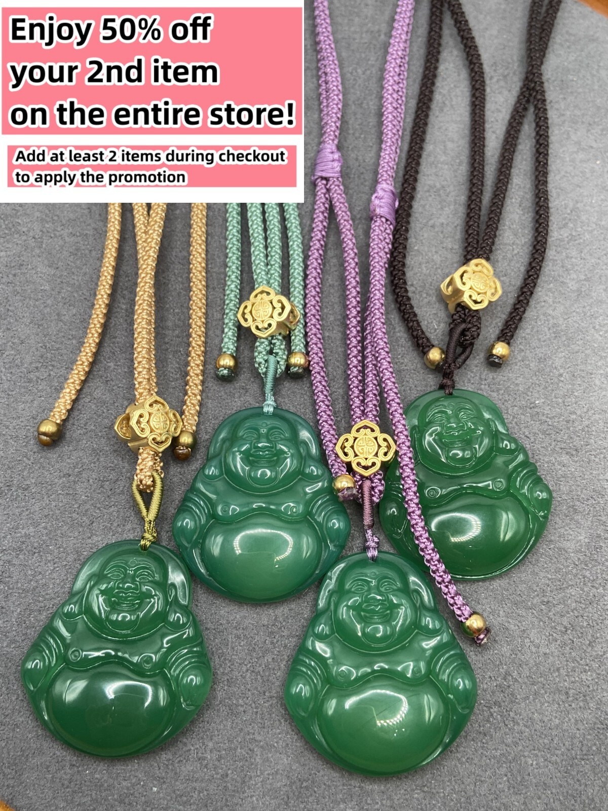 Jade Buddha Charm Pendant Necklace W/ Adjustable Cord Handmade Carved Gemstone