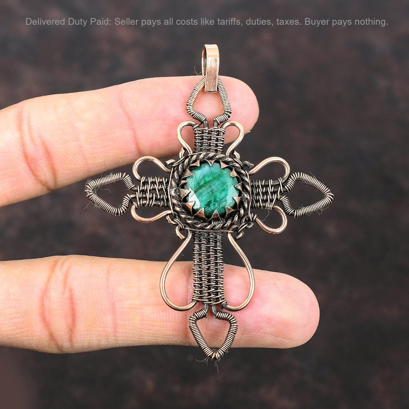 Christmas Deal Natural Zambian Emrald Copper Birthday Wire Wrapped Cross Pendant