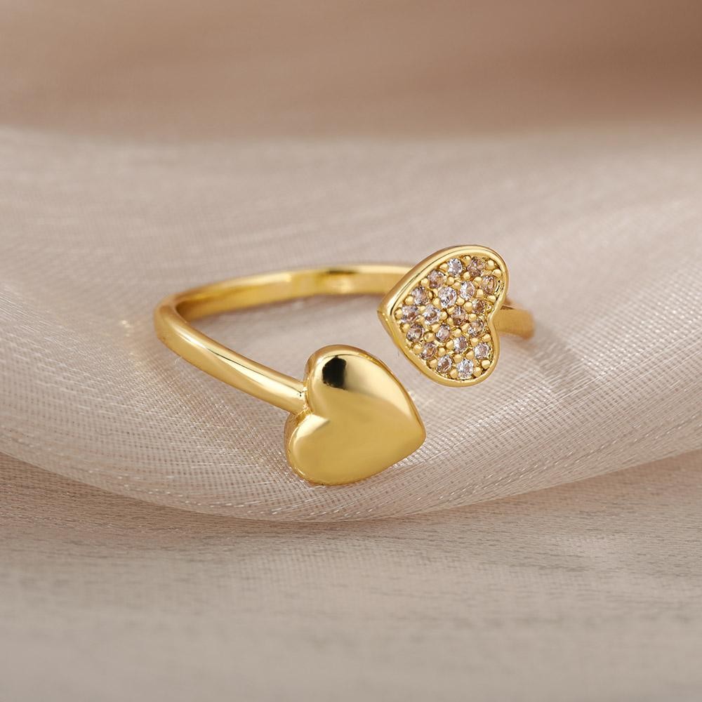 Double Heart Adjustable Ring for Women Stainless Steel Zircon Love Jewelry