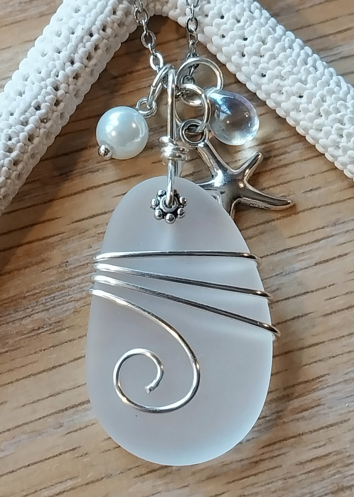 Sea Glass Necklace Jewelry w White Frosted Pendant Silver Wire Wrapped Handcrftd