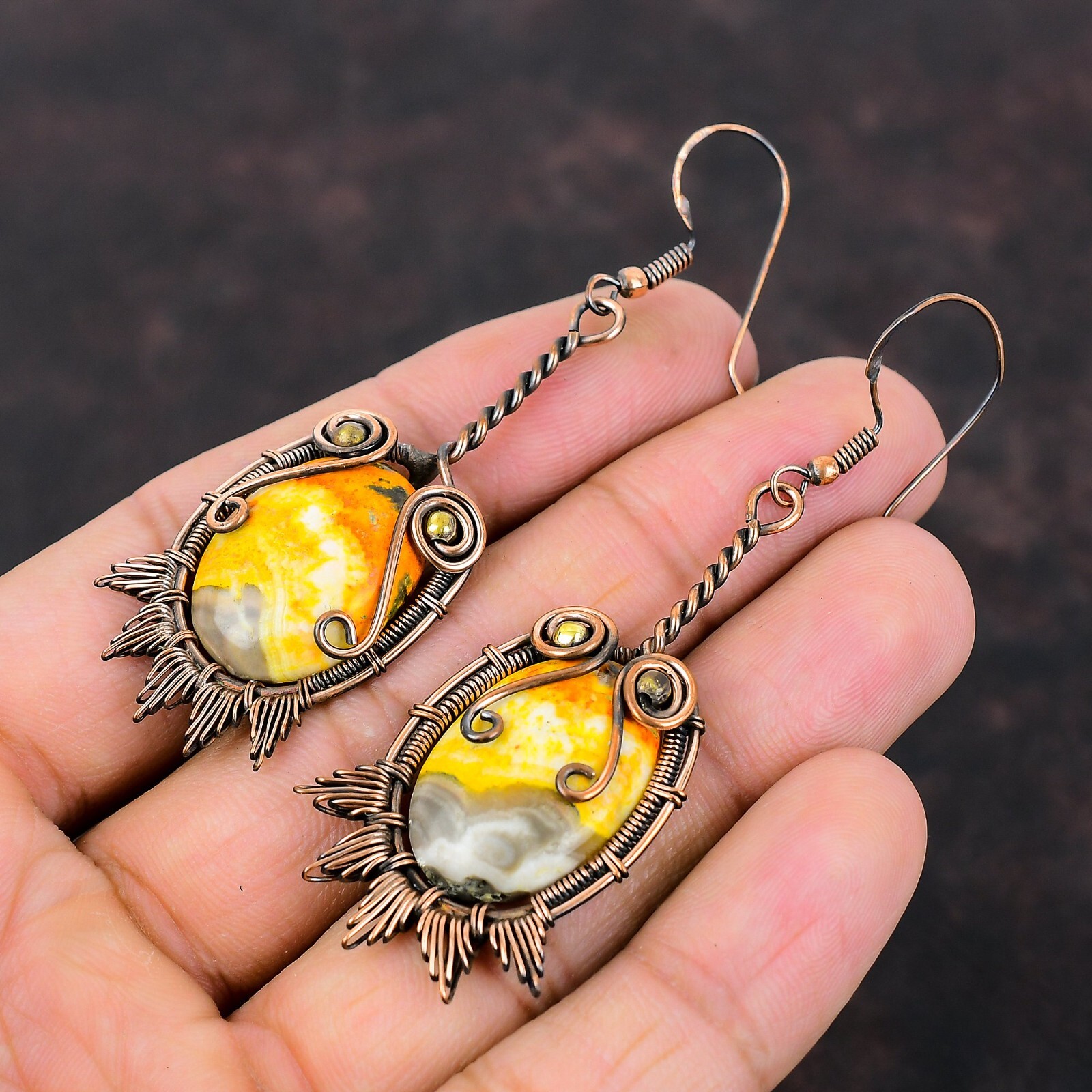 Bumble Bee Jasper Wire Wrapped Drop/Dangle Earrings Copper For Girls 3.07″
