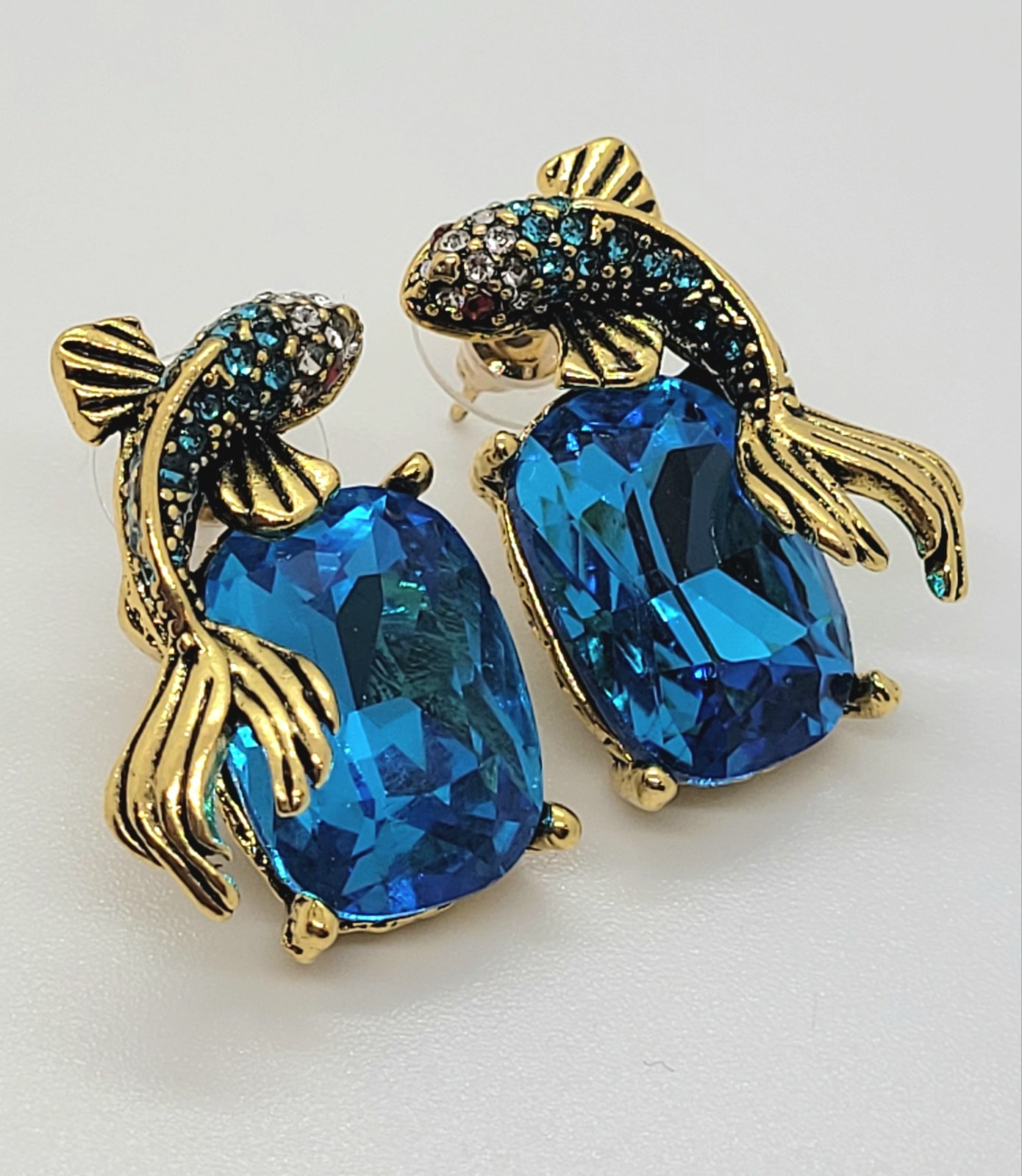 Koi Fish Earrings VTG Gold Fish BLUE Crystal Nouveau Ornate Art Deco CZ Cluster