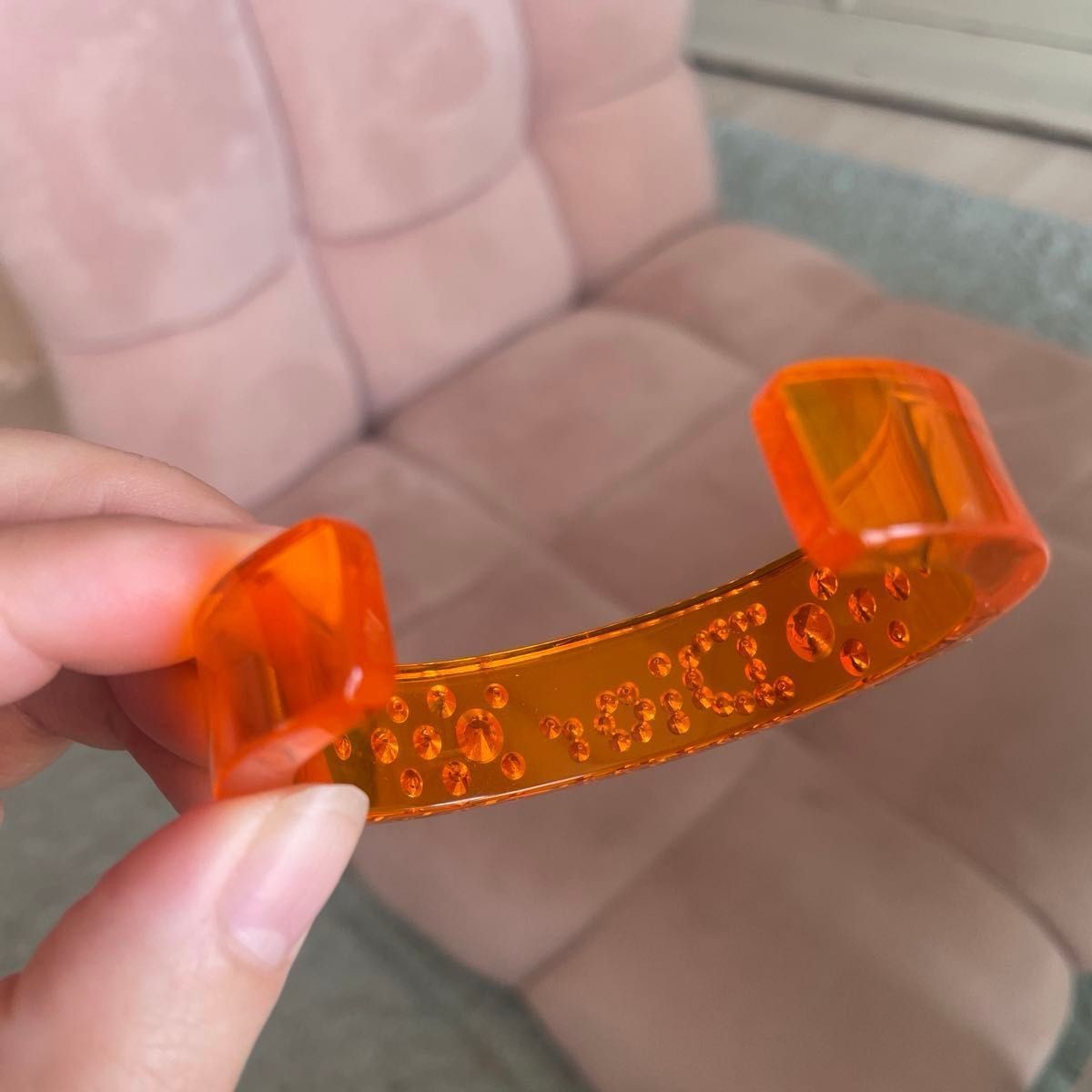 Christian Dior Logo Rhinestone Clear Orange Bangle Bracelet Cuff Accessory