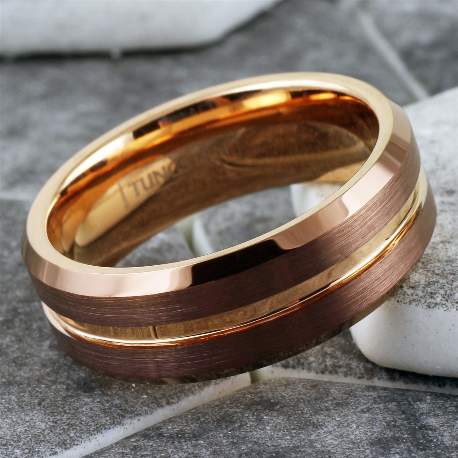 Bronze-Brown Tungsten Carbide Men’s Ring Rose Gold Plated Stripe Wedding Band