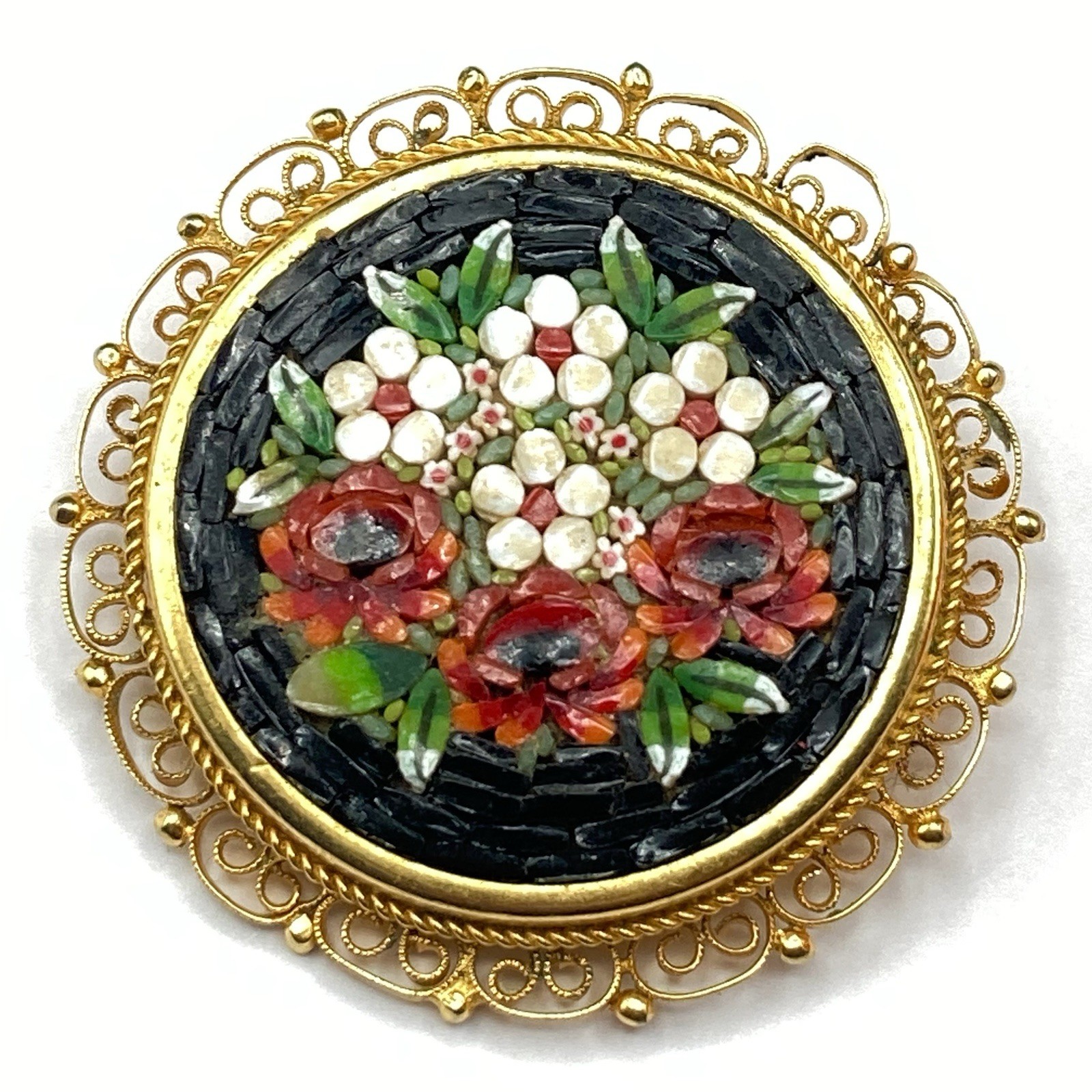 Vintage Gold Tone Italy Black Mosaic Red White Flower Floral Brooch Pin