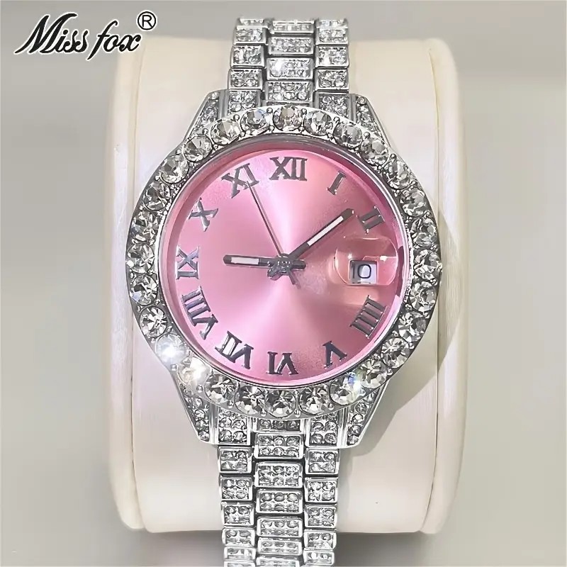 Hip Hop Luxury Ice out Women’s Watch Lady Iced Bling Silver Pink Diamond Jewelry