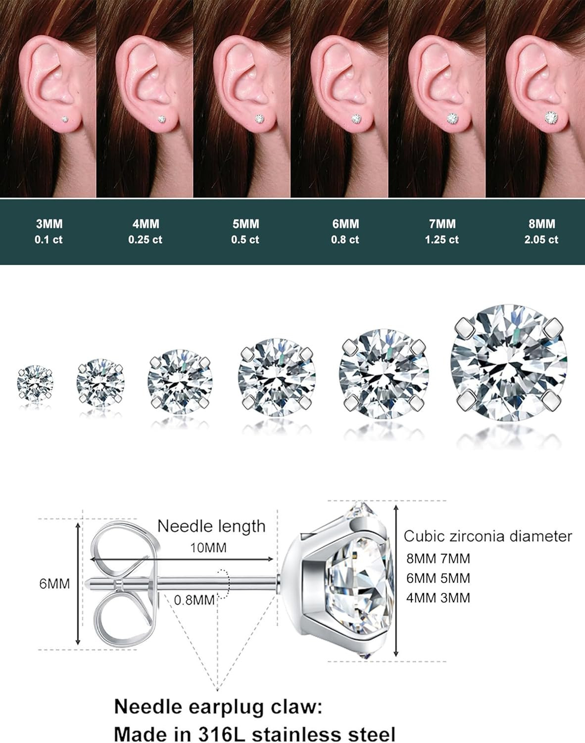 6 Pairs Stud Earrings Set, Hypoallergenic Cubic Zirconia 316L Earrings Stainless