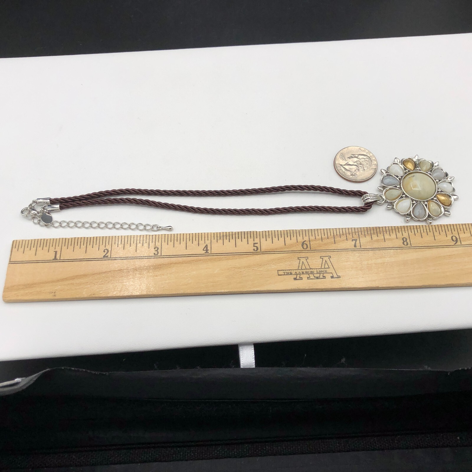 Cookie Lee Necklace Neutral Glass Stones Flower Pendant Brown Satin Cable Choker