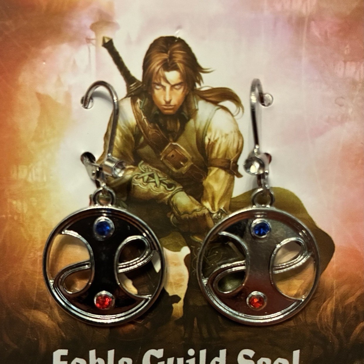 Fable Video Game Guild Seal Earrings Silver Red Blue Stones Dangle/Drop
