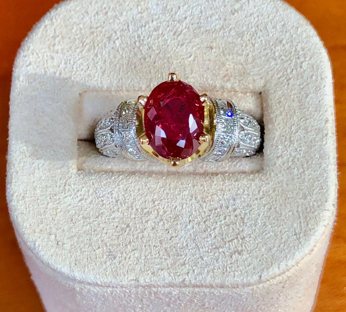 Stunning Estate 3.78CT Deep Rich Red Ruby and Old Mine Cut CZ Solitaire Ring