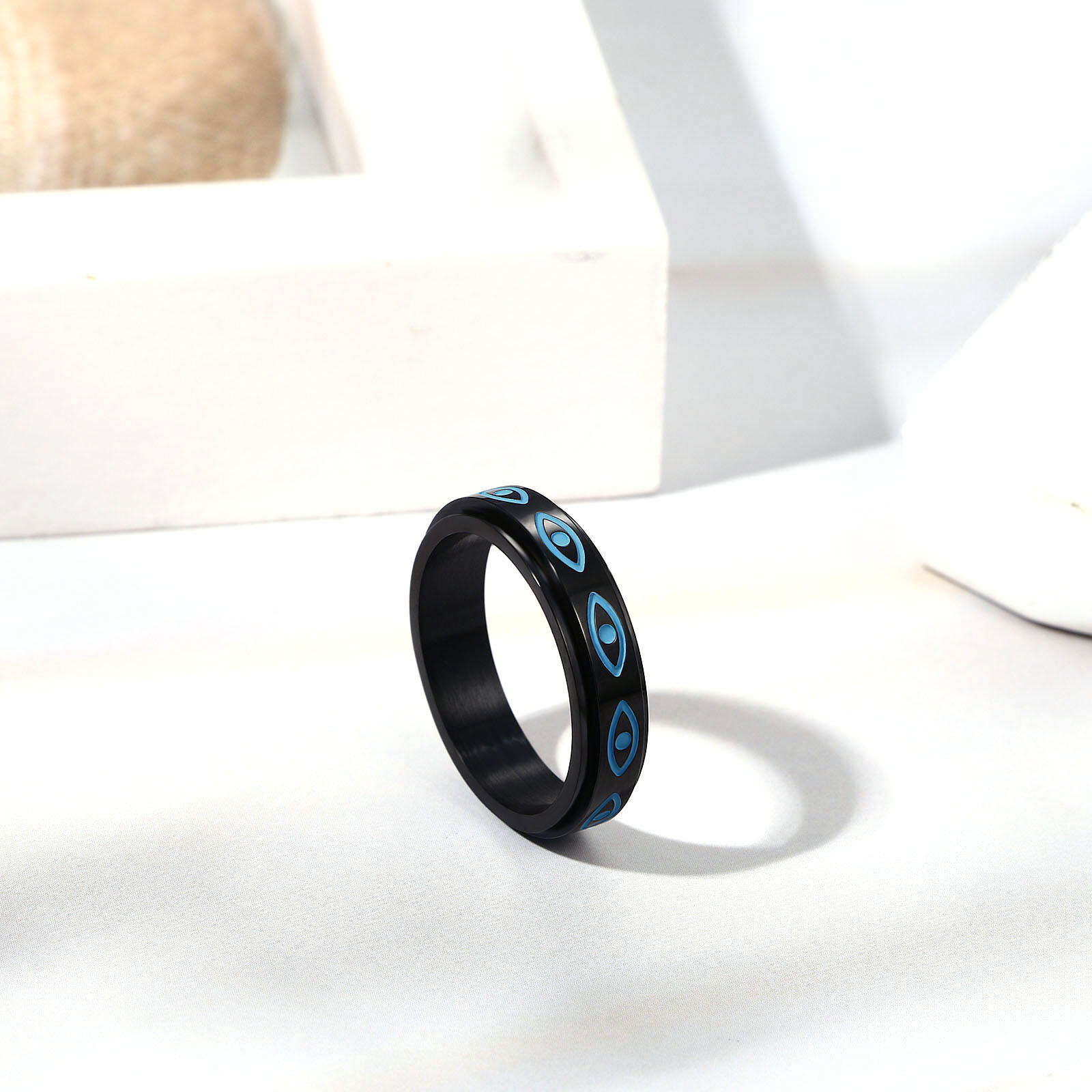 Evil Eye Spinner Ring Anti Anxiety Fidget Stainless Steel Rotate Band Men Women