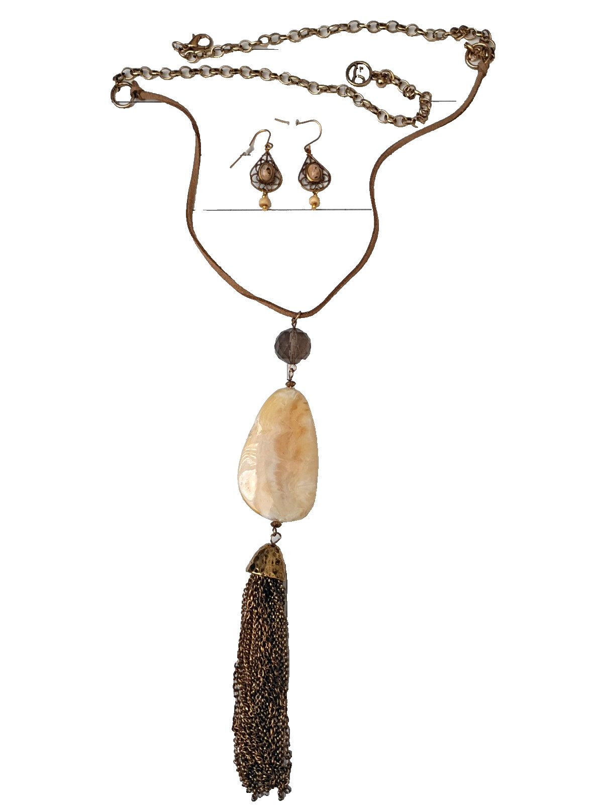 Tan Ivory Brown Pendant Necklace Tassel 30″ Long + Earrings Adjustable Classic