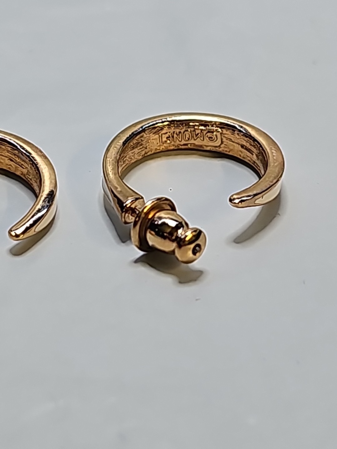 Vintage Monet Rich Gold Tone & Cream Enamel Slim Open Hoop Earrings