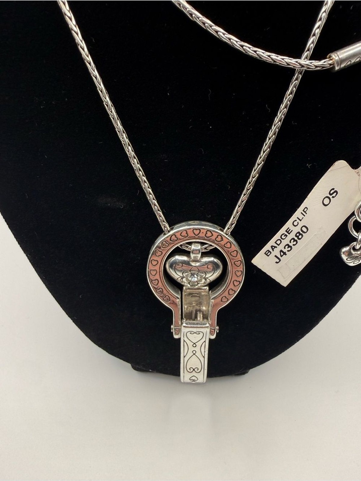 Brighton Badge Clip Necklace Lanyard NWT Silver Heart ID Holder