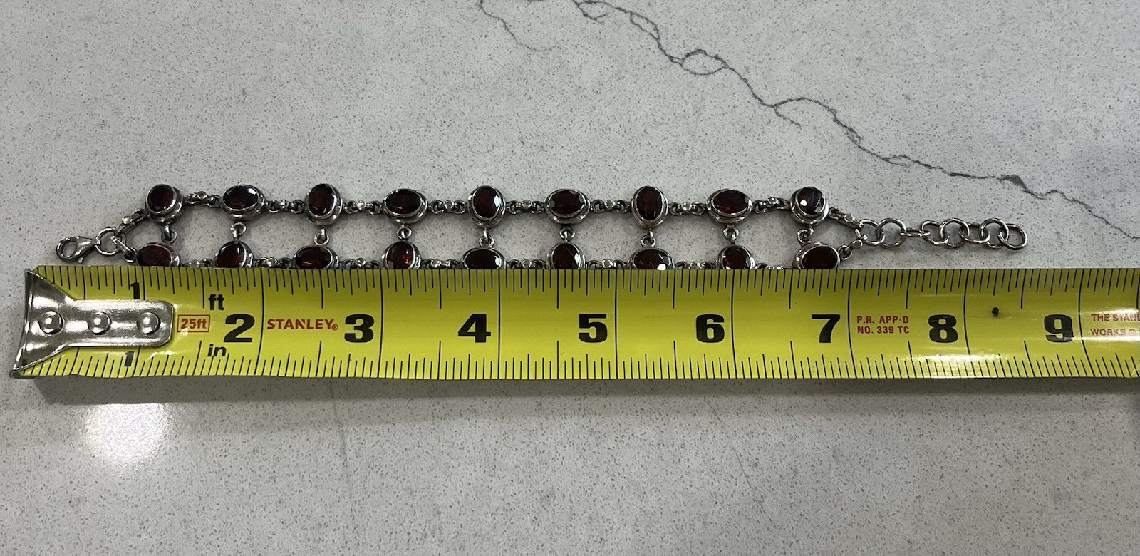 Sterling Silver Garnet Oval Bezel Tennis Chain Bracelet Adjustable 8 in