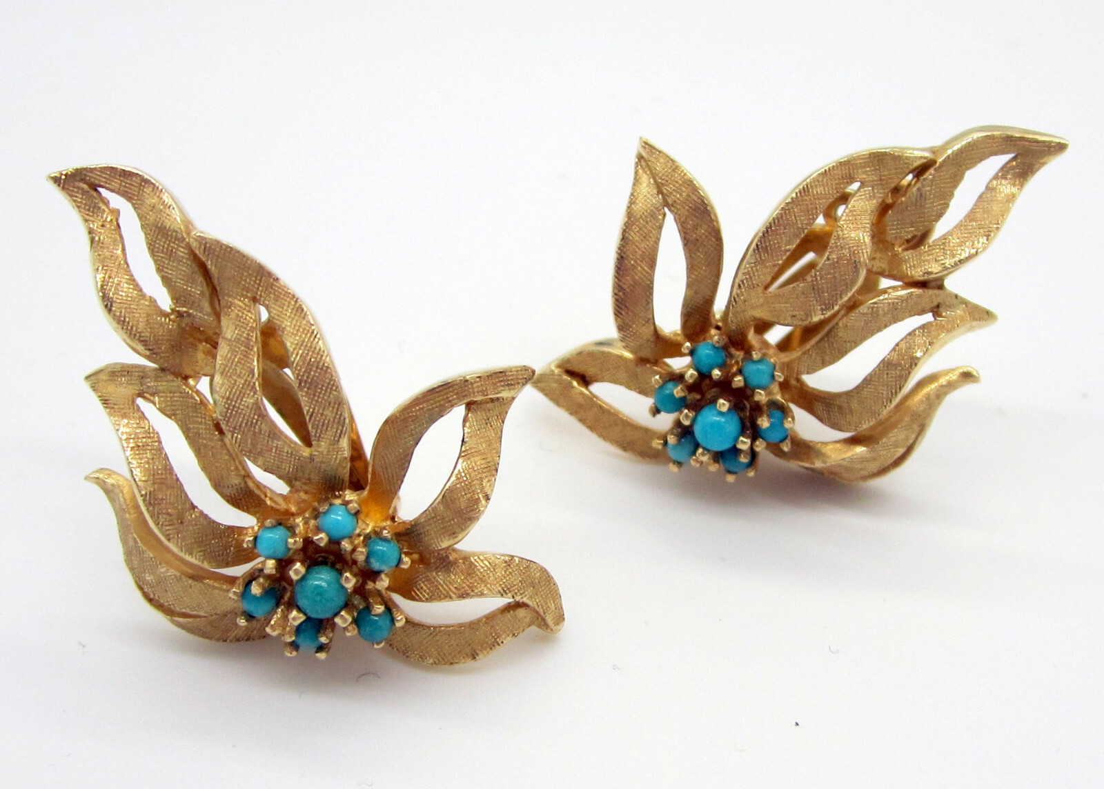 Estate Vintage 14k Yellow Gold Turquoise Leaf Flower 11.9 Gram Clip On Earrings