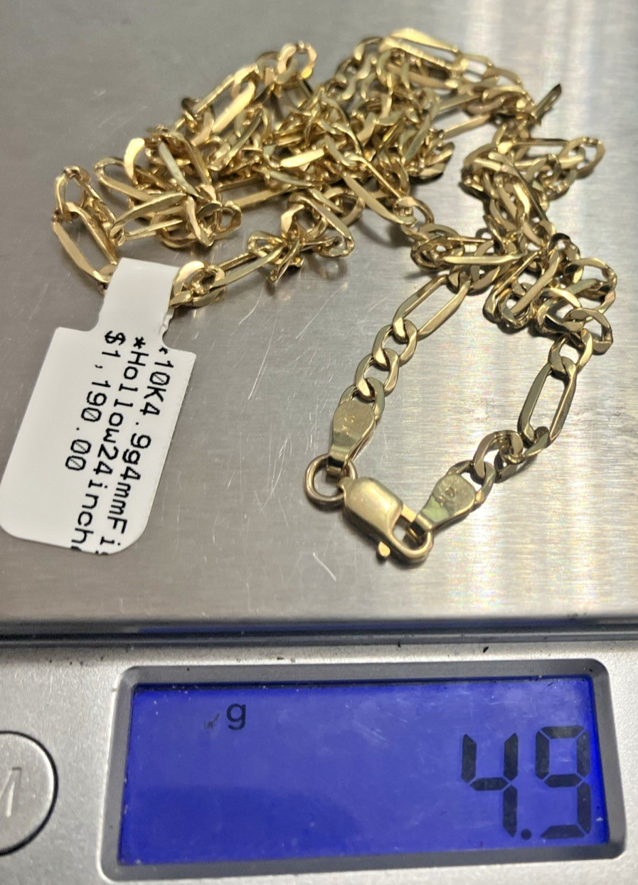 10kt Real Gold Figaro Link Hollow Chain 4.9grams 4mm 24” GND Brand New w/Tag 10K