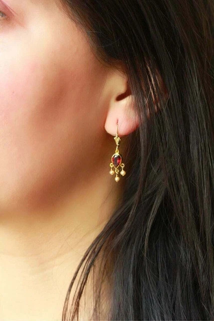Unique Dangle Earrings 2Ct Pear Lab Created Garnet 14K Yellow Gold Plated Silver