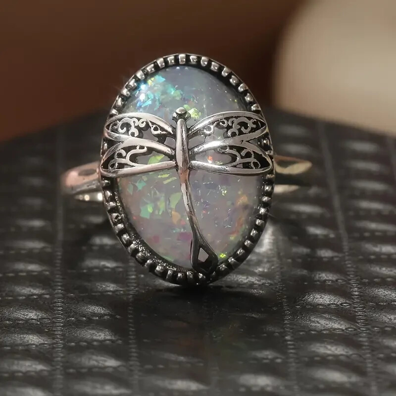 Elegant 925 Sterling Silver Rainbow Opal Charms Engagement Wedding Ring Size 9
