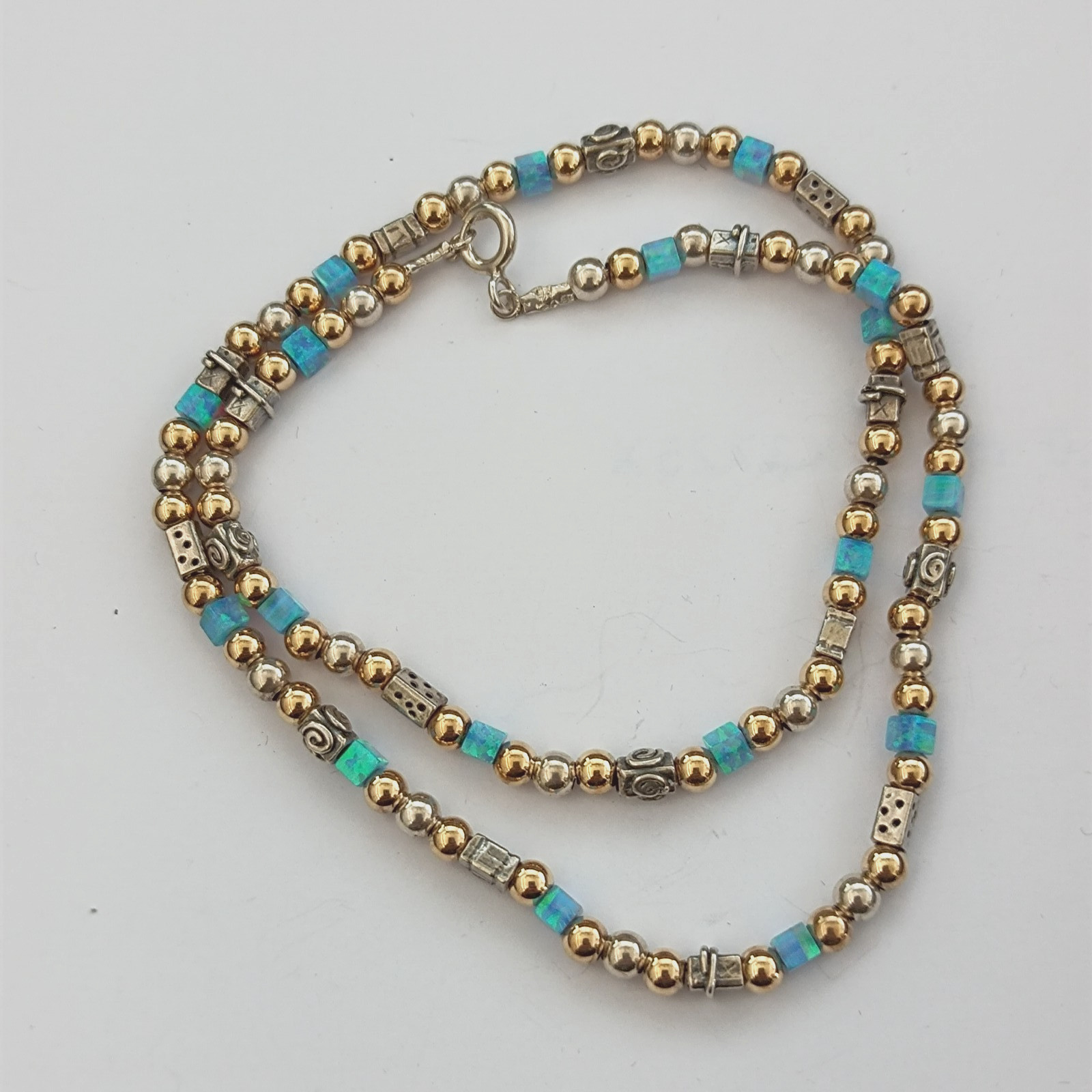 Israeli Modernist Necklace Sterling Silver Gold Filled Artisan Chic Blue Stone