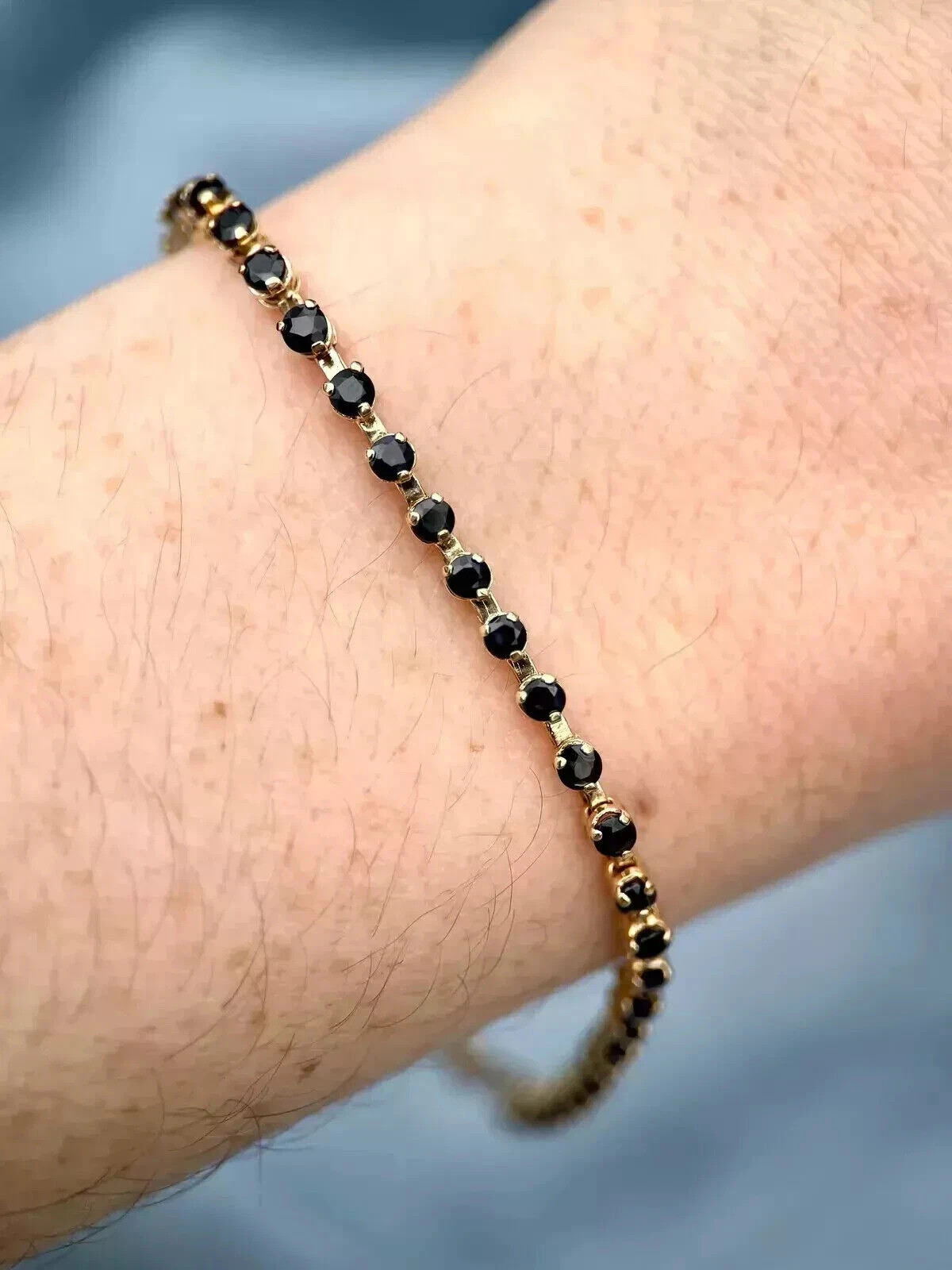 6Ct Round Lab-Created Black Onyx Women’s Tennis Bracelet 14K Yellow Gold Finish