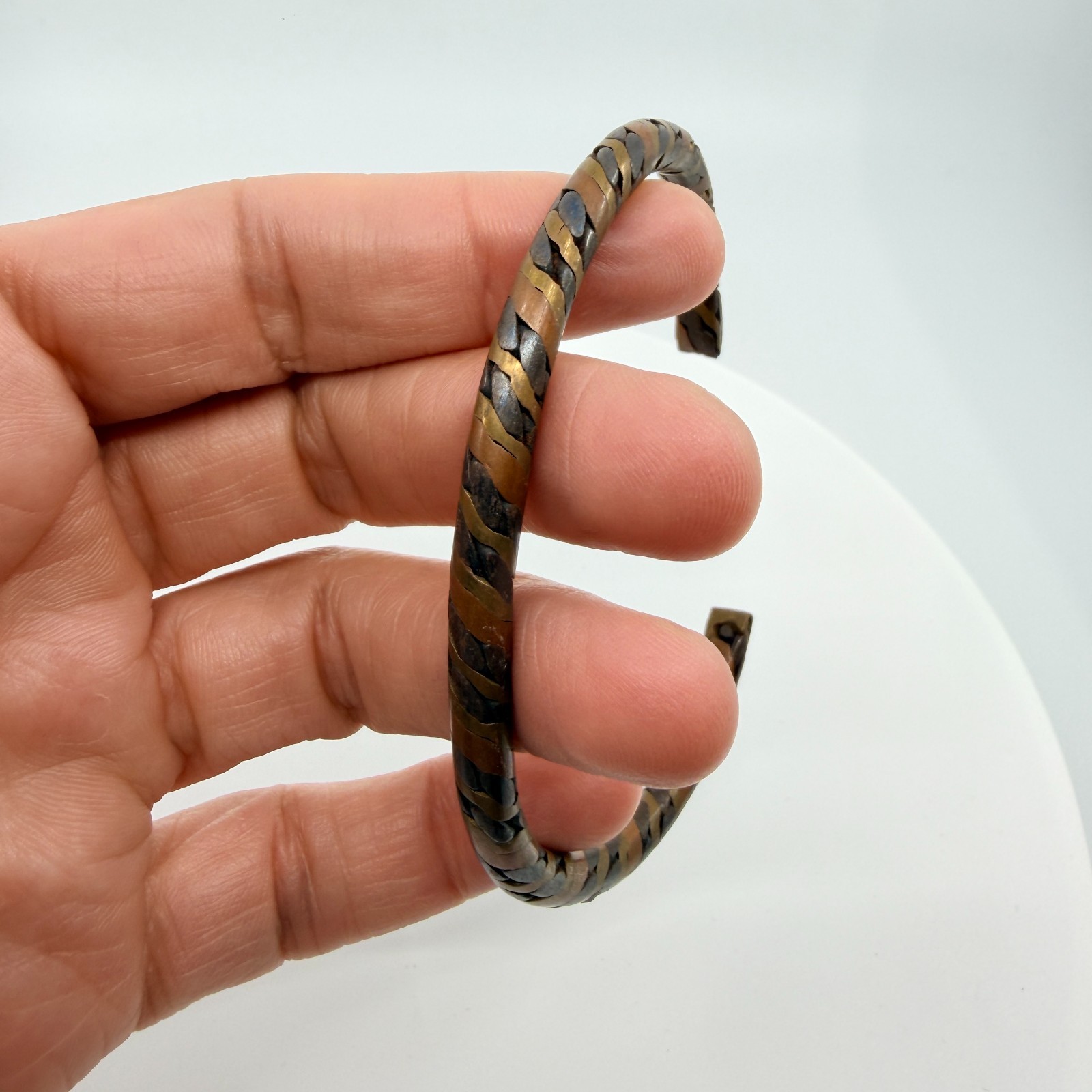 Mixed Metal Braided Copper & Brass Tone Iron Magnetic Cuff Bracelet Minimalist