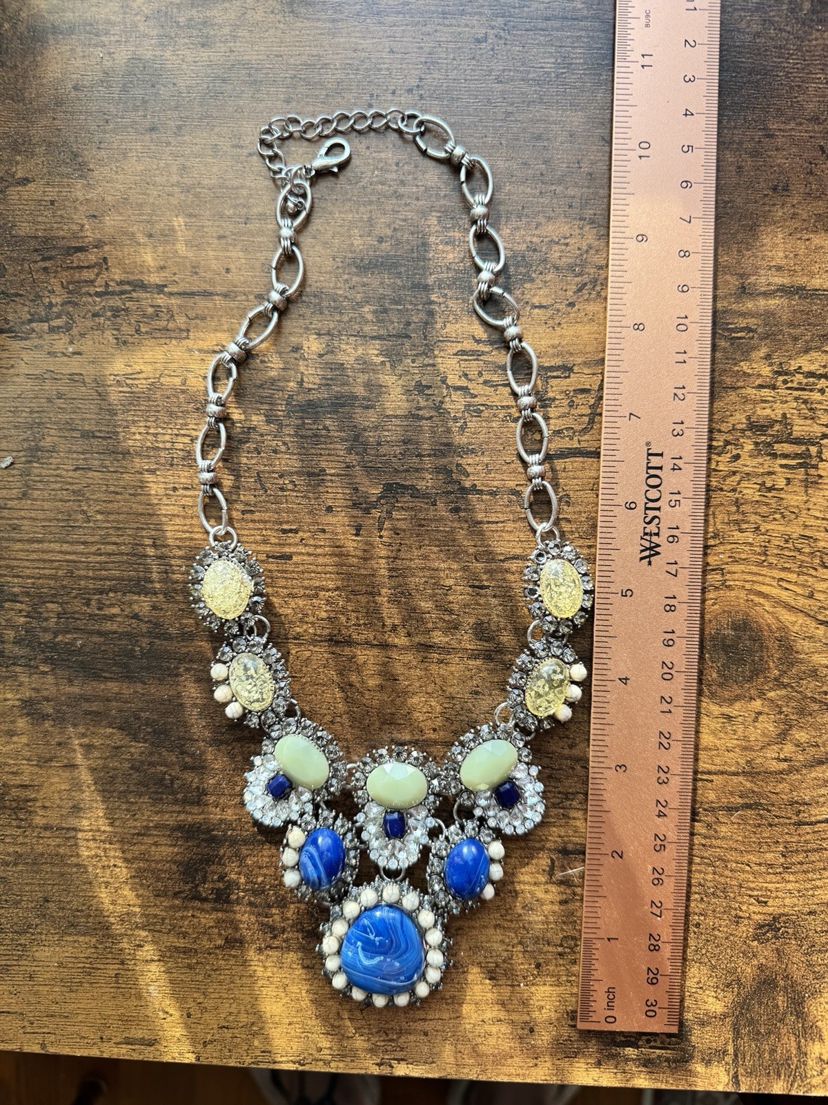 Chunky Boho Rhinestone Bib Statement Necklace Cobalt Blue Mint Green Mixed Media