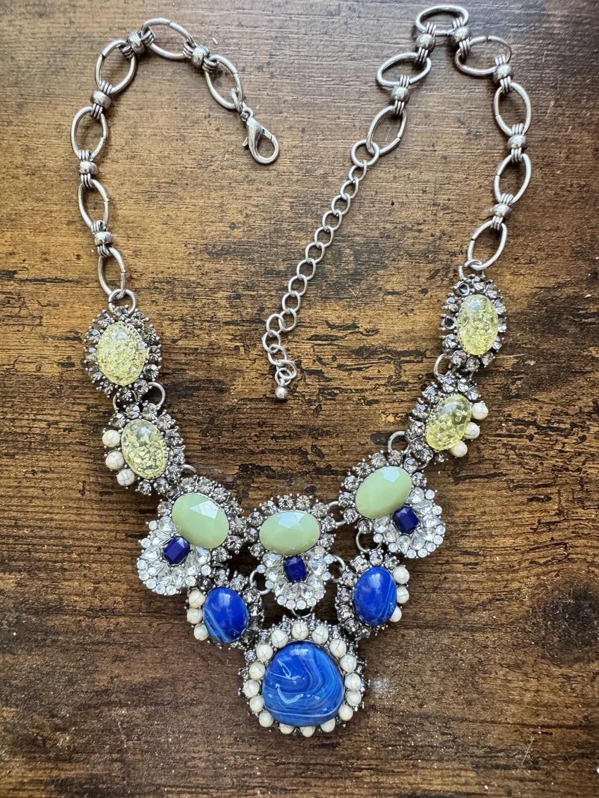 Chunky Boho Rhinestone Bib Statement Necklace Cobalt Blue Mint Green Mixed Media