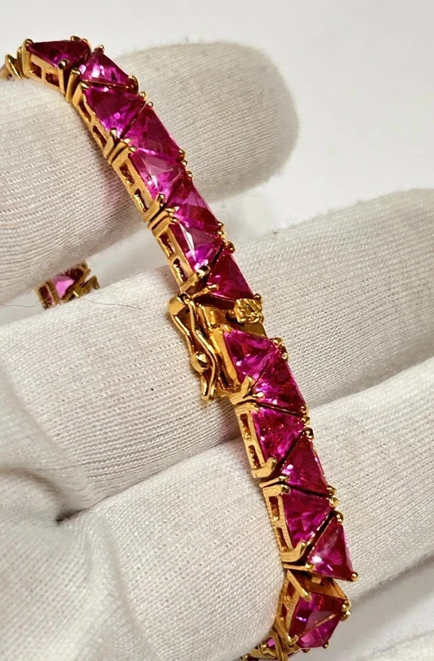 4CT Trillion Cut Lab Created Pink Sapphire Tennis Bracelet 14K Yellow Gold Over