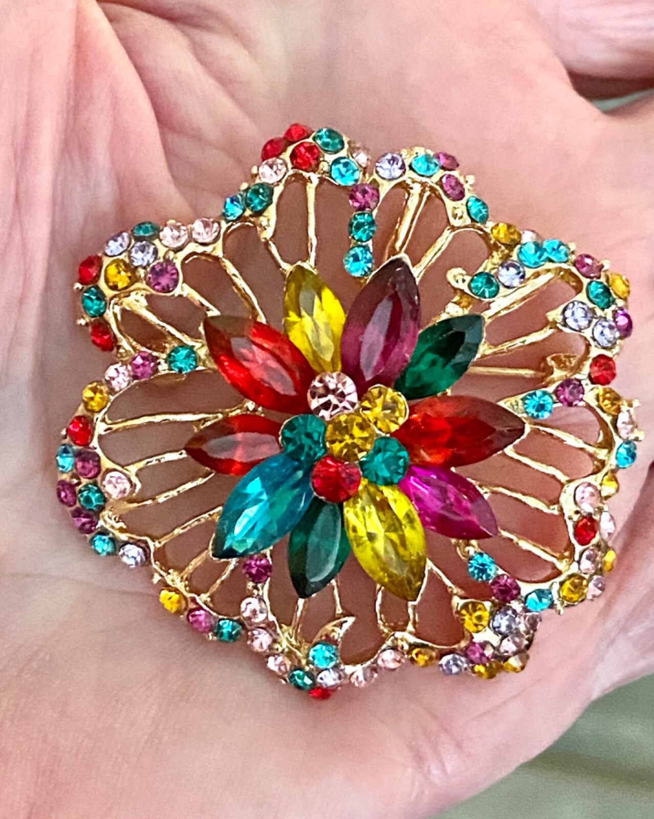 Multicolor Rhinestone Crystal Flower Brooch Pendant 1.95 inches