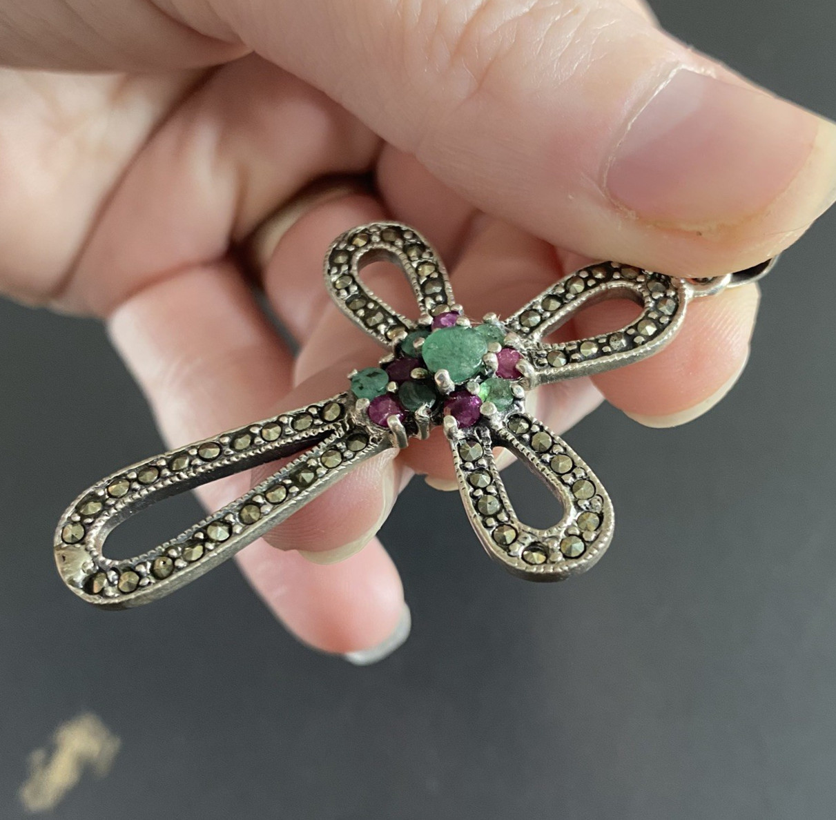 Sterling Silver Cross Pendant Large 925 Emerald Ruby Marcasite Gothic Religious