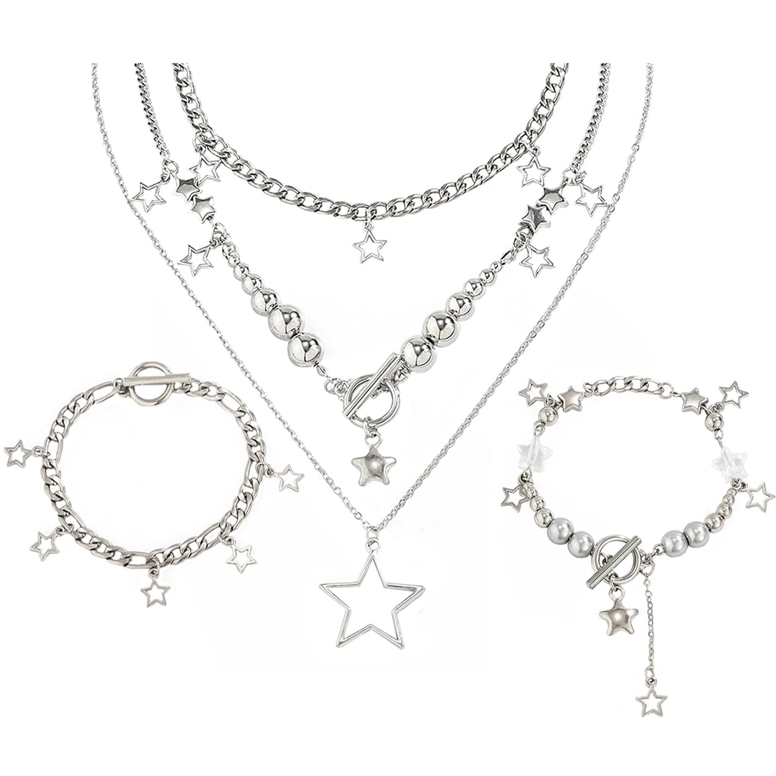 Salircon 2 Pieces Silver Star Necklace Y2K Jewelry Set Medium, 1