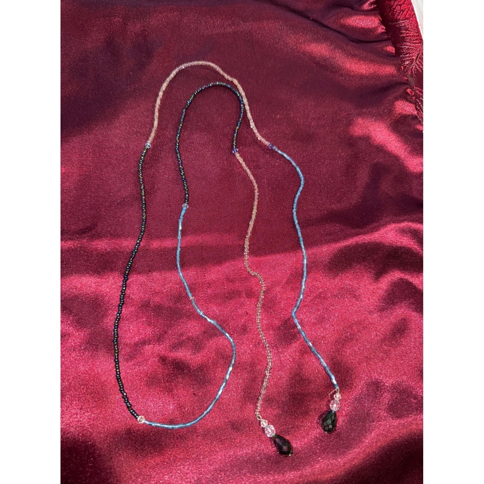 Handmade Beaded Lariat Necklace Blue Black Gold Iridescent Crystal Teardrop Boho