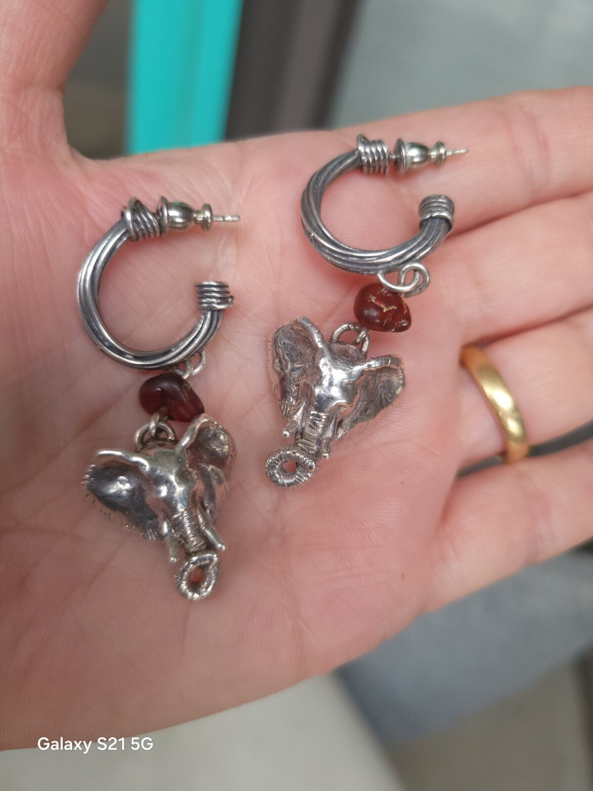 Susan Cummings Elephant Earrings Dangle Sterling Silver & Amber 2″ Long 1990s