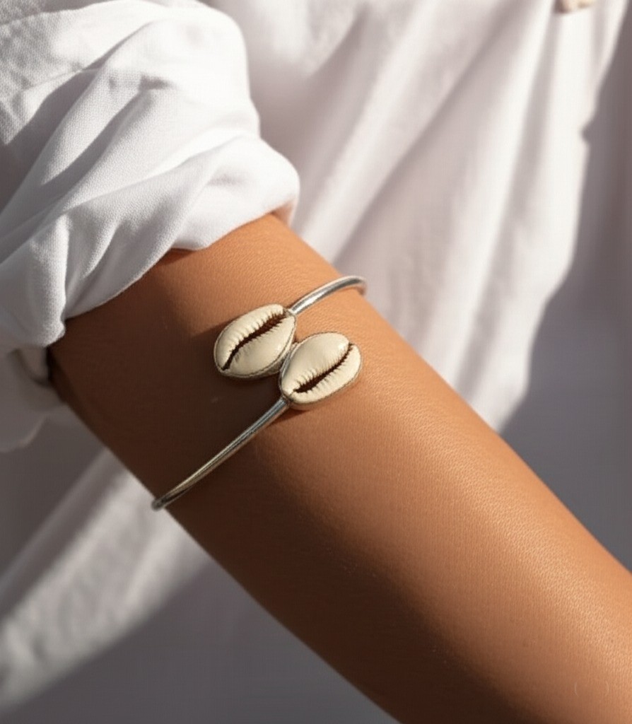 925 Sterling Silver Cowrie Shell Bracelet Double White Shell Cuff Bangle