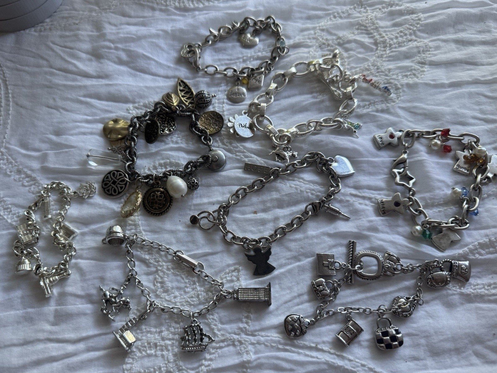 LOT OF 8 Silver Tone Charm Bracelets Chicos Da Vinci Washington DC Angel Purse