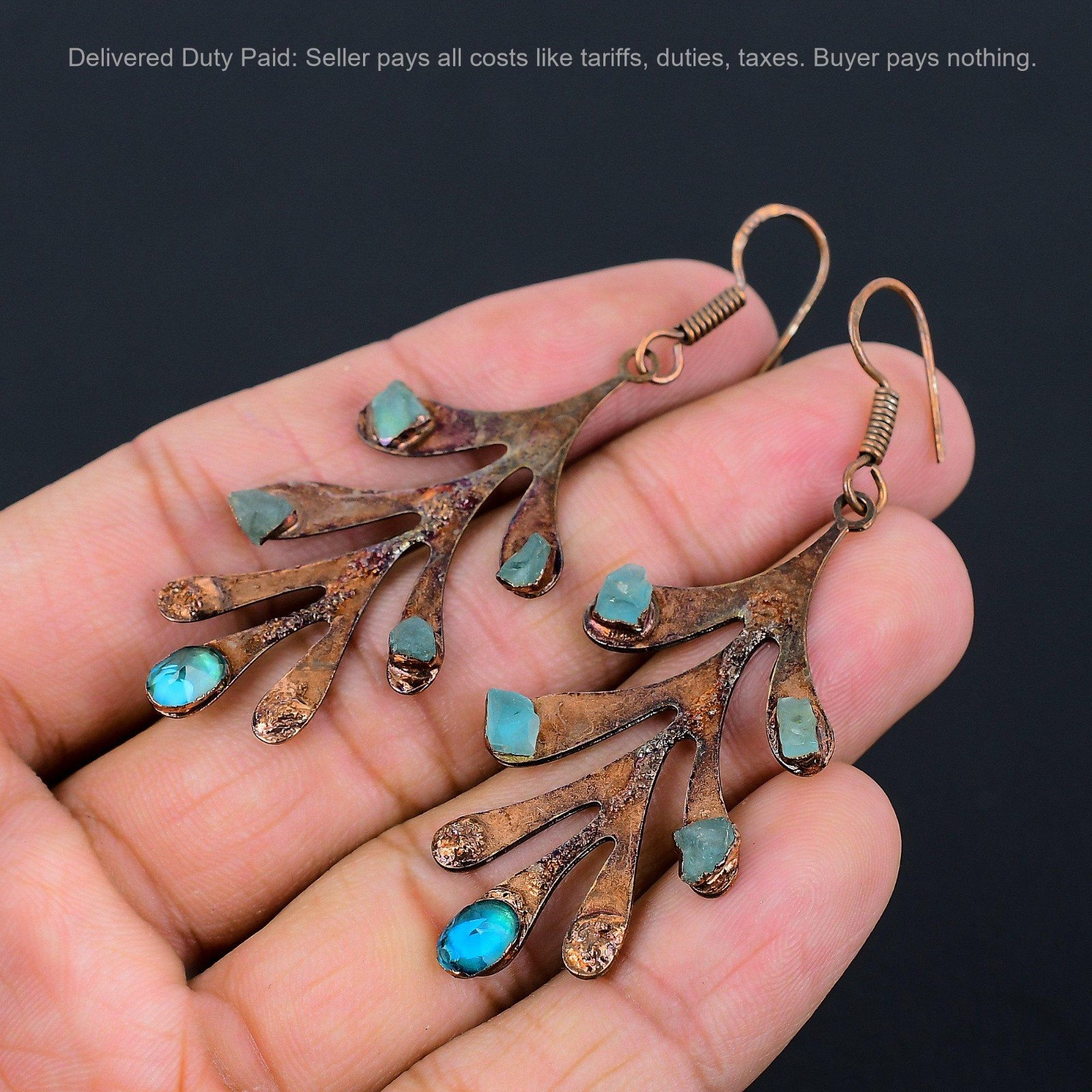 Copper Natural Neon Apatite Dangle Drop Trendy Electroformed Artisan Earrings