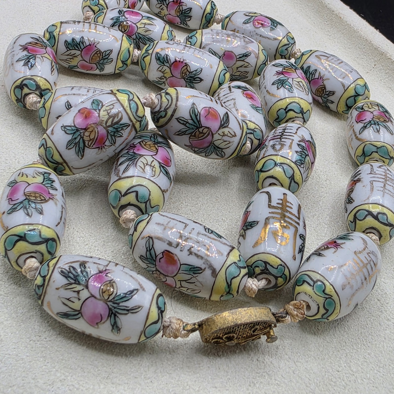 Vintage Chinese Export Hand Painted Porcelain Beads White With Flowers 24″