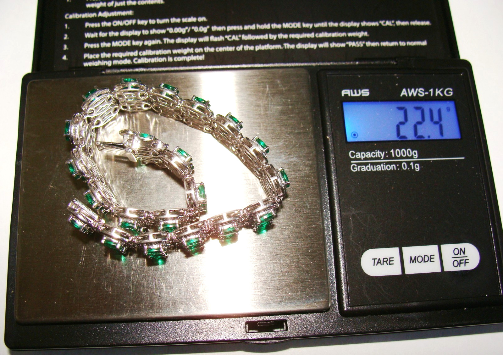 Designer 22.4g Sterling Silver Lab Created Emeralds & 4 Clear Stones Bracelet 7″
