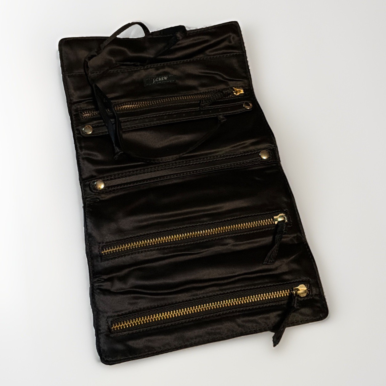 J.Crew Black Satin Roll Up Travel Jewelry Organizer Case 3 Zip Pockets