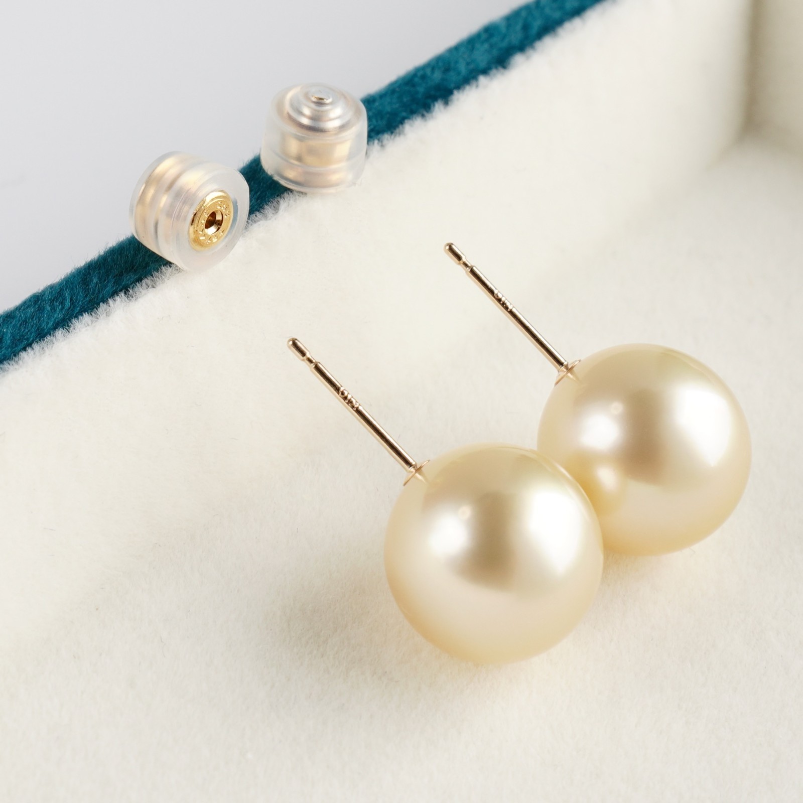 Big 11.6mm Round Light Gold South Sea Pearl Stud Earrings 10K Yellow Gold