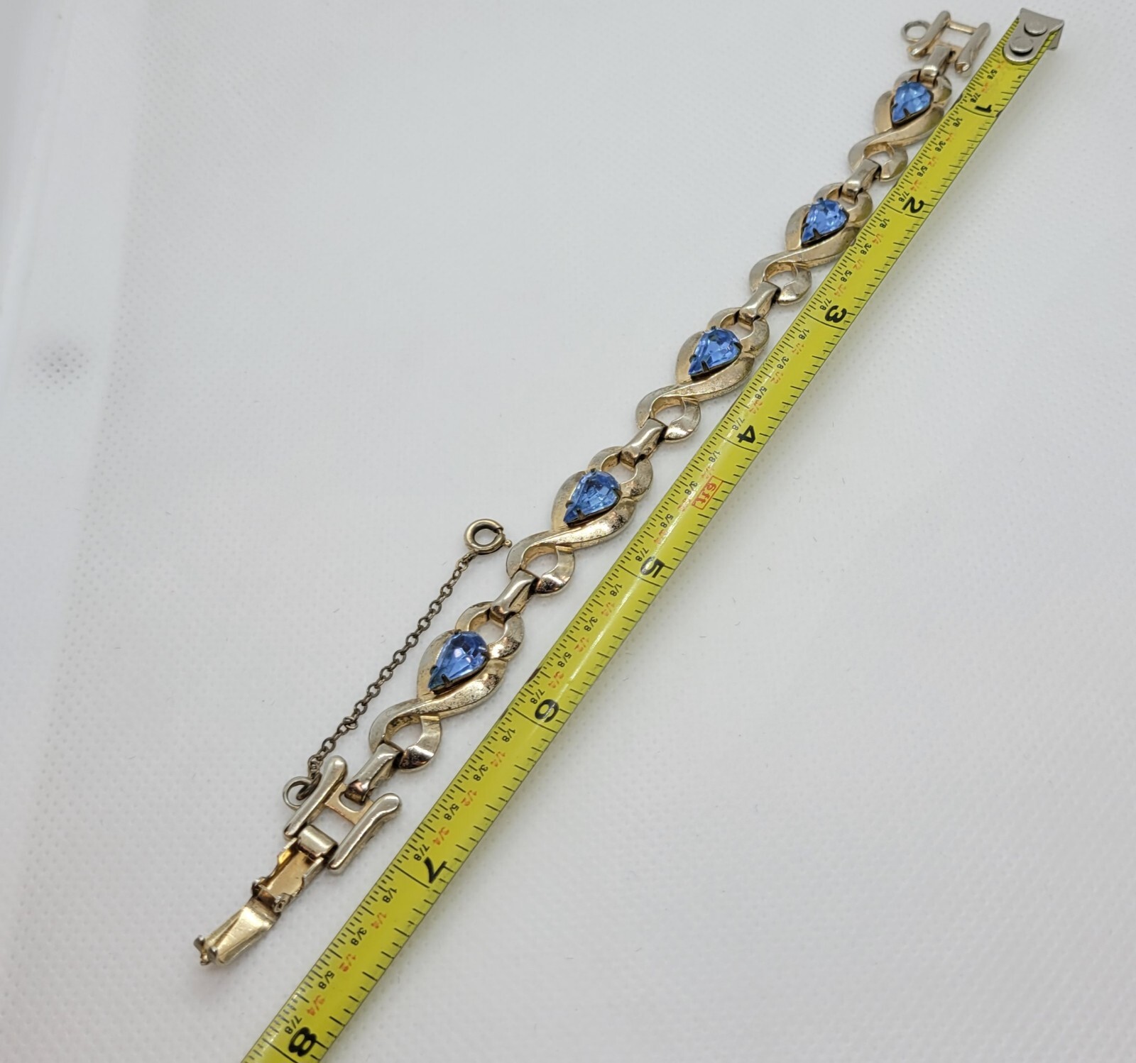 Vintage Barclay Bracelet Gold Tone Blue Teardrop Rhinestones with Safety Chain