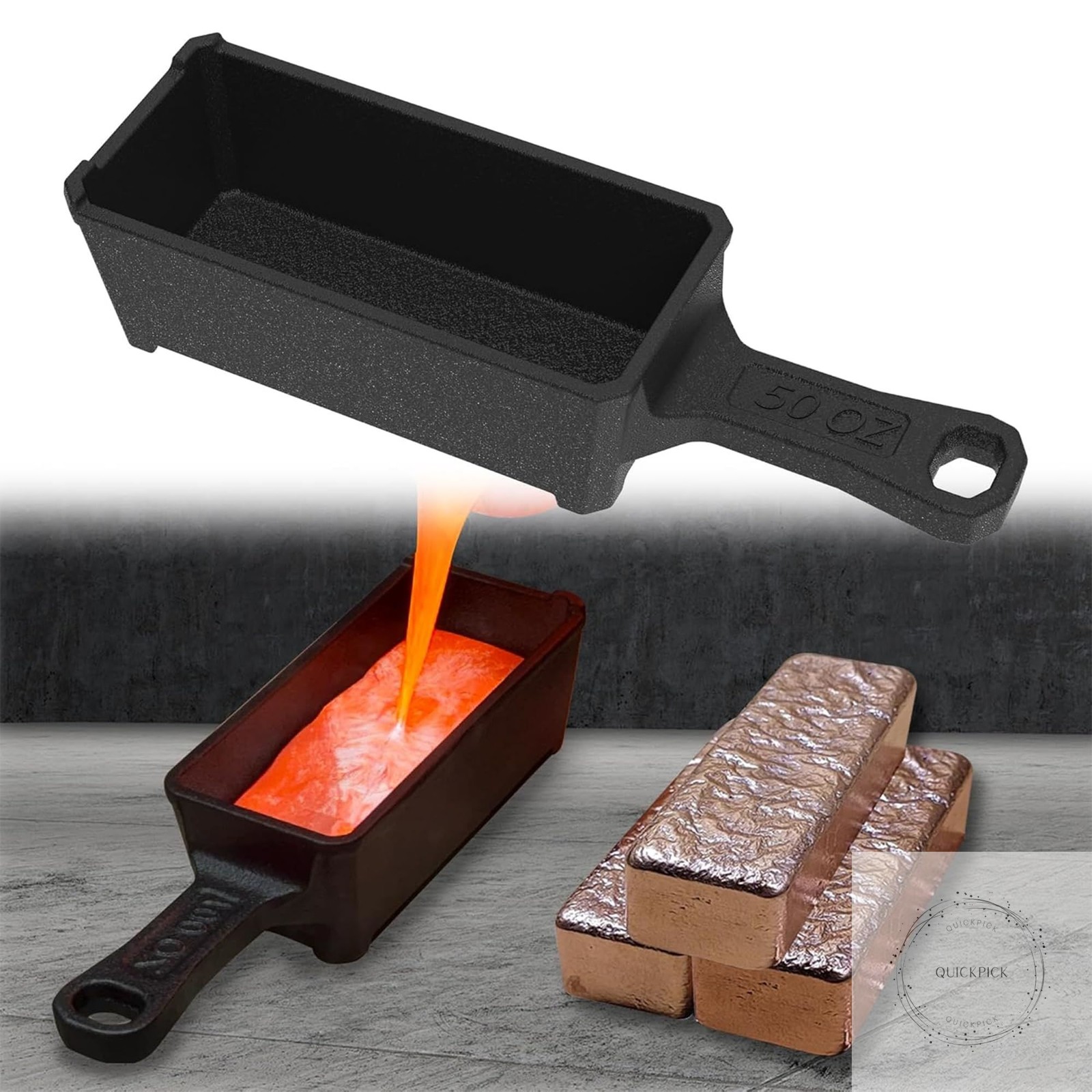 50 oz Troy Ounce Cast Iron Loaf Bar Ingot Mold Crucible with Handle for Melting