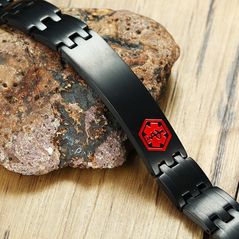 Black Magnetic Health Medical Alert ID Men Bracelet Free Engrave Stainless Steel