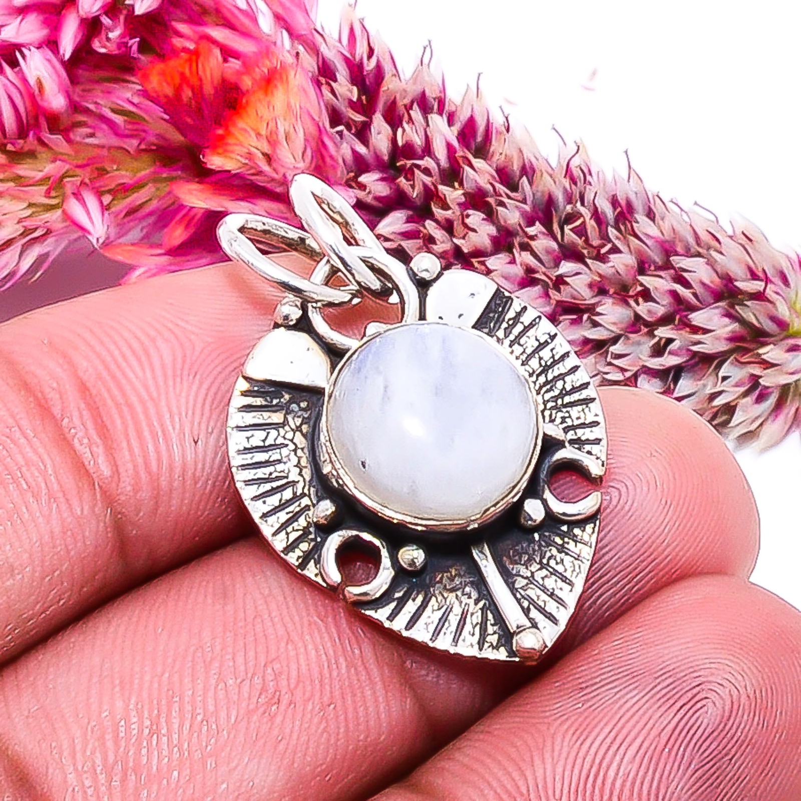 Rainbow Moonstone – India Handmade 925 Sterling Silver Pendant 1.05″ P15