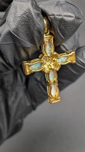 Women’s 2.00Ct Oval Cut Natural Fire Opal Cross Pendant 14K Yellow Gold Plated