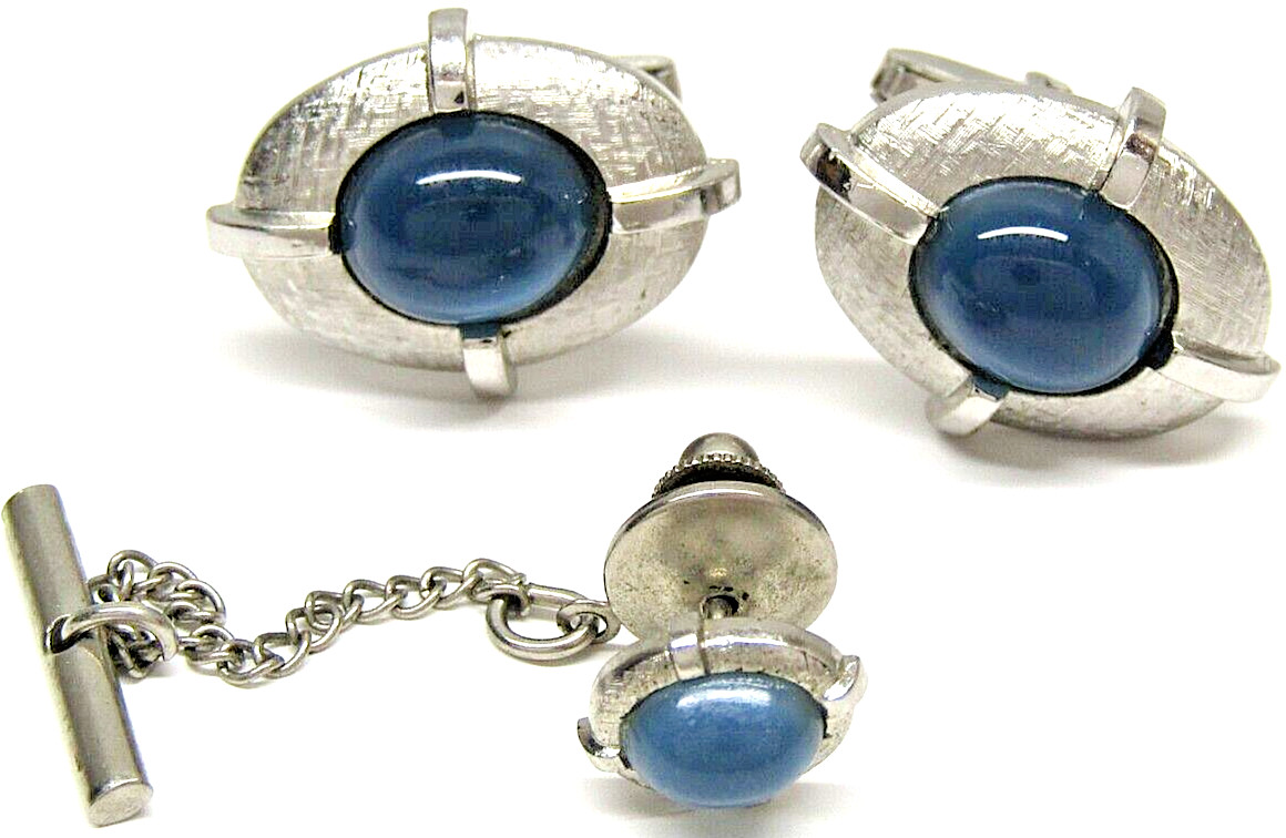Foster Cufflinks Blue Moonglow Tie Pin Set Cabochon Silver Men’s Formal Wear