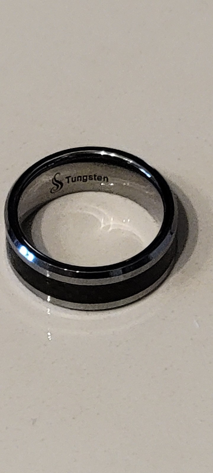Tungsten wedding ring men- Size: 9.75(61.4 mm) Silver with black and gray design