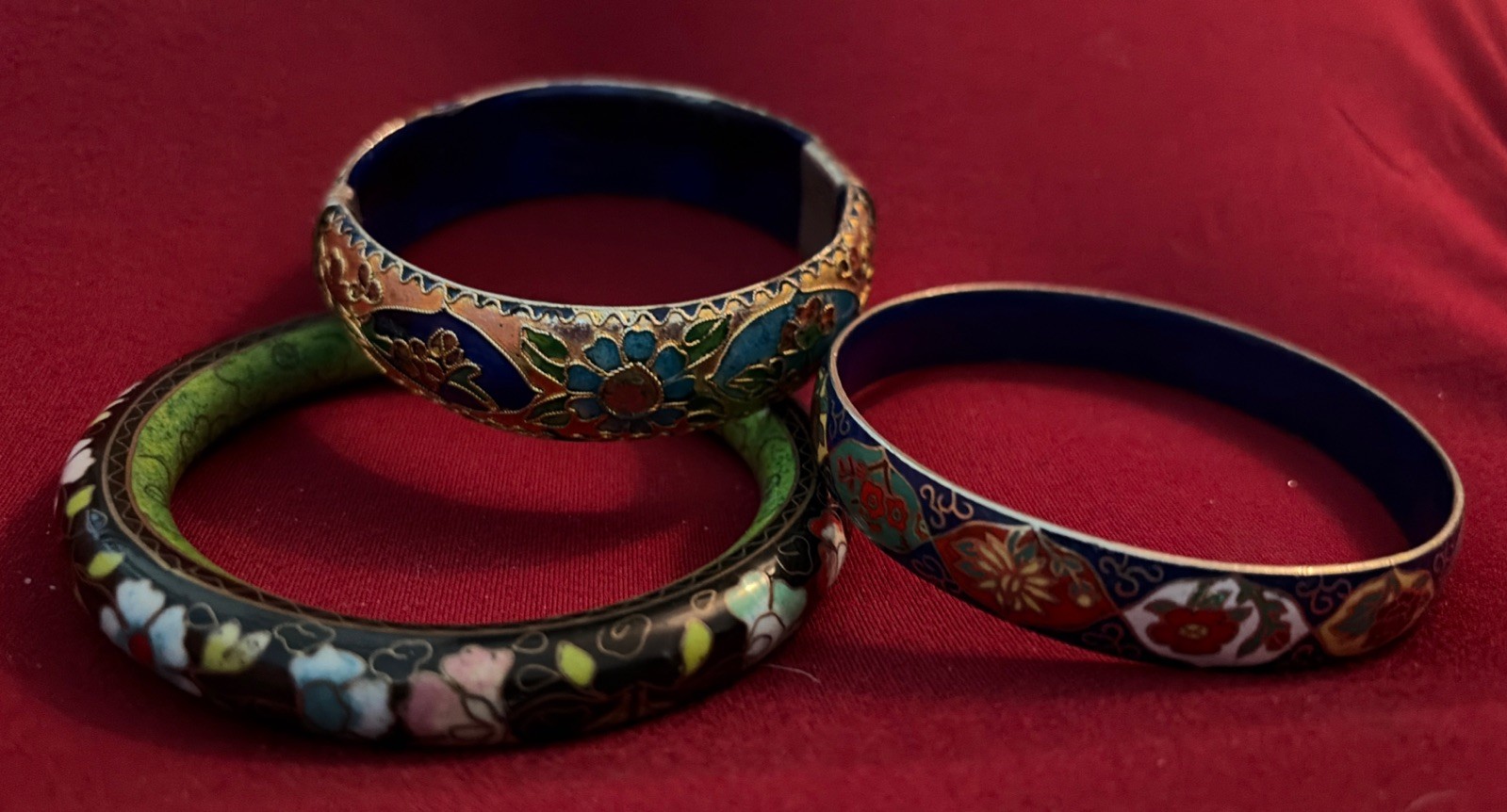 Three Vintage High End Cloisonné Bangle Bracelet One Hinged Antique